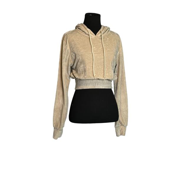 Roma Concept beige velvet long sleeves crop hoodie sweater size Small - Picture 10 of 15